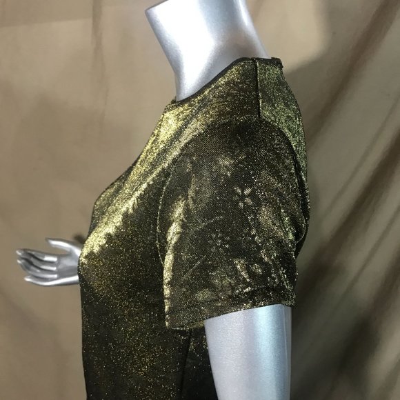 Vintage Small Crew Neck Floral Blouse Metallic Gold Shimmer Stretch Top - Picture 9 of 12